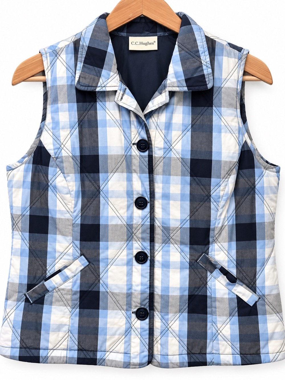 C.C. Hughes Blue Plaid Quilted Button Front Vest Women’s Large Preppy